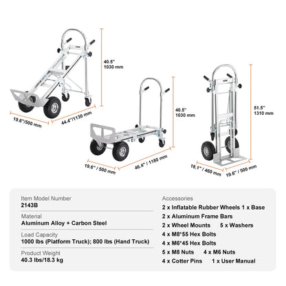 Steekwagen - Steekkar - Traploper - Transportwagen - Draagvermogen 454 kg - Vouwbare Handtruck - Aluminium Zware Industriële Dolly Kar - voor Transport en Verhuiswerk - Zilver