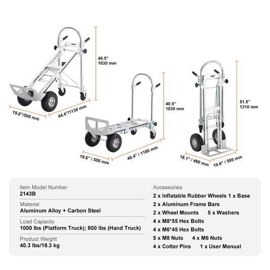 Steekwagen - Steekkar - Traploper - Transportwagen - Draagvermogen 454 kg - Vouwbare Handtruck - Aluminium Zware Industriële Dolly Kar - voor Transport en Verhuiswerk - Zilver