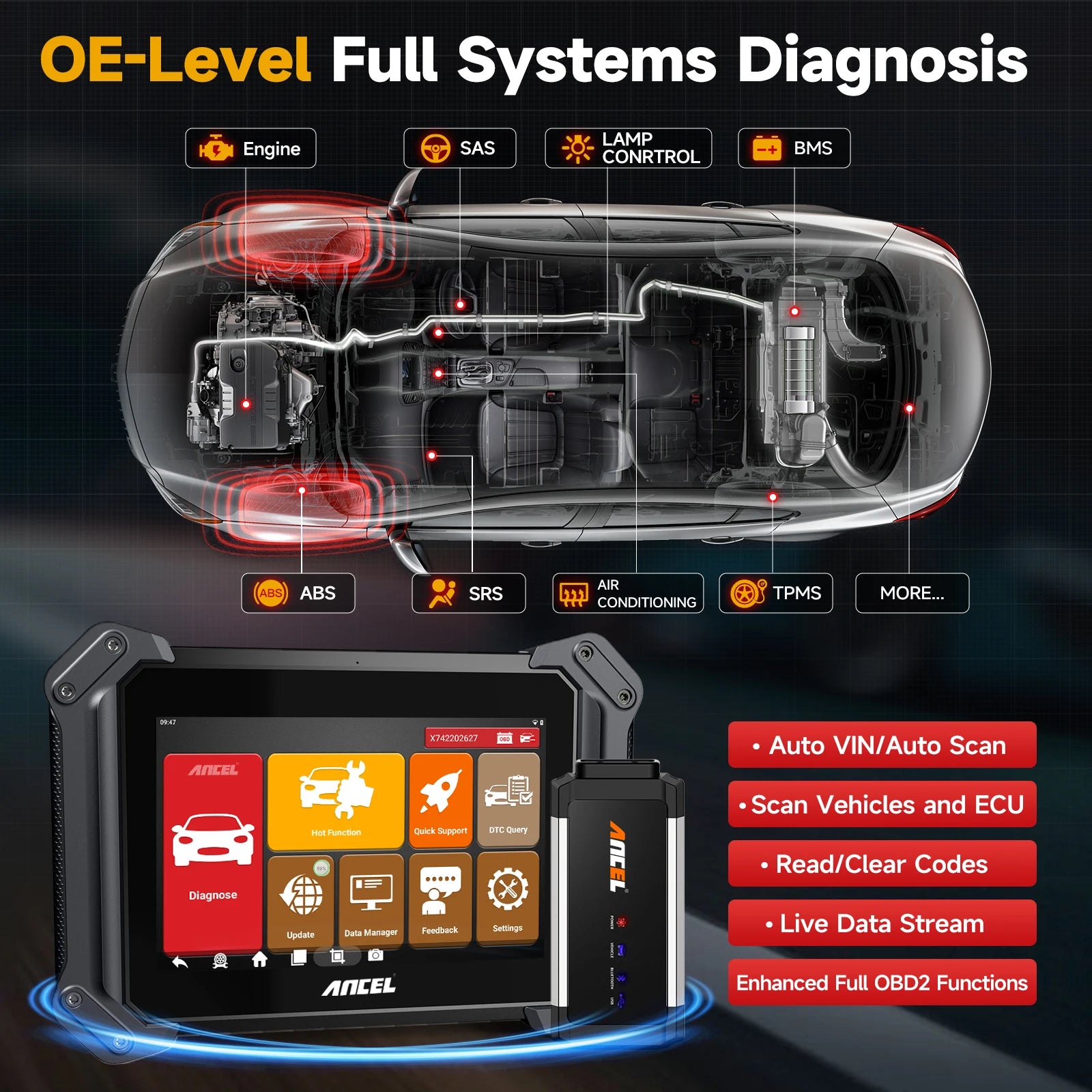 OBD2 Diagnosetool – Autodiagnose Scanner – Foutcode Lezer – Bluetooth Scanner – 25+ Resetfuncties – 8 Inch Touchscreen - QUORE