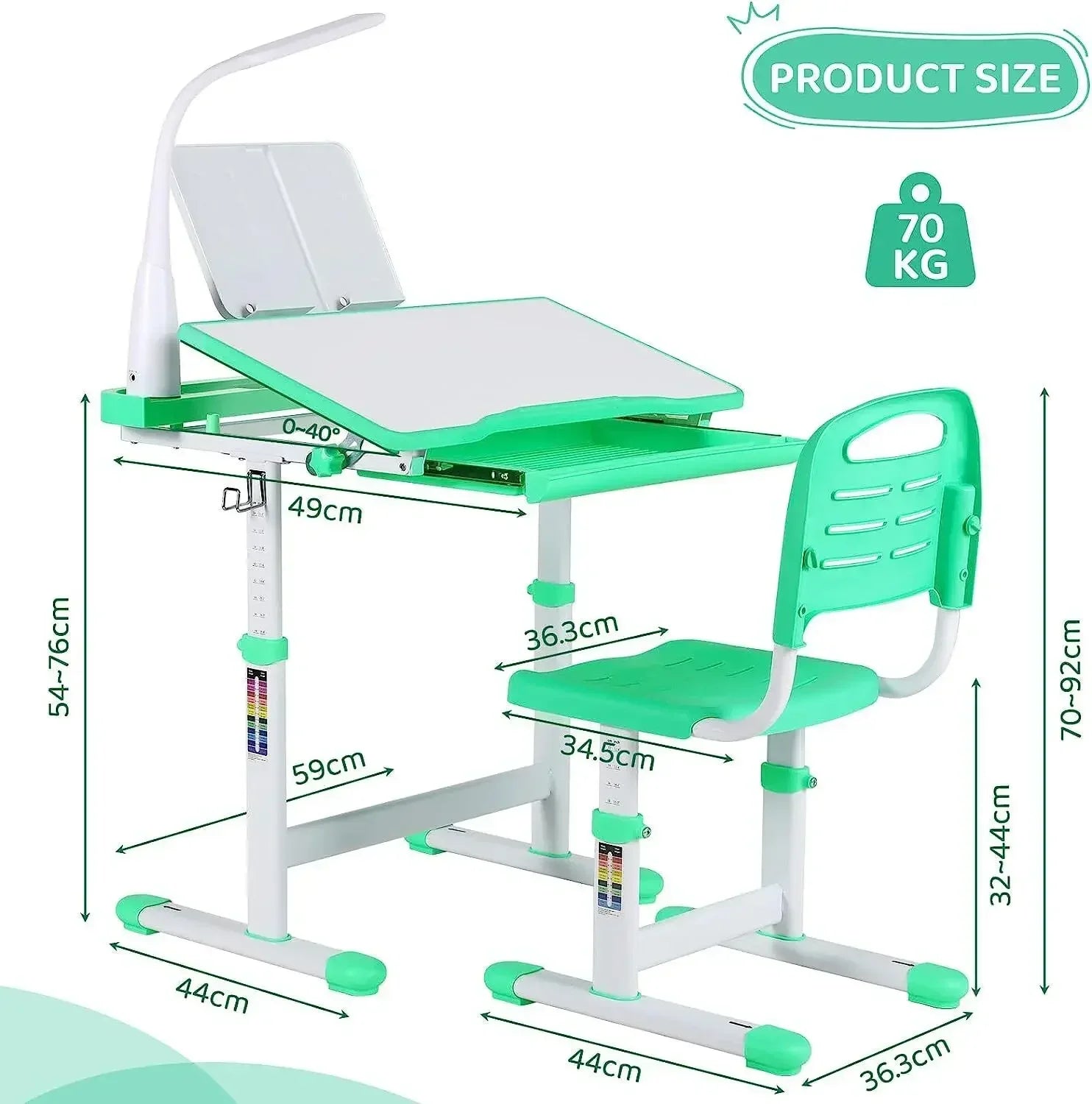 Kinderbureau – Kinderbureau Met Stoel – Kinderstudietafel – Kindertafel – Kinderbureau Met LED Bureaulamp – Verstelbare Hoogte 54-76,5 cm – Kantelbaar Tafelblad Tot 50° - QUORE