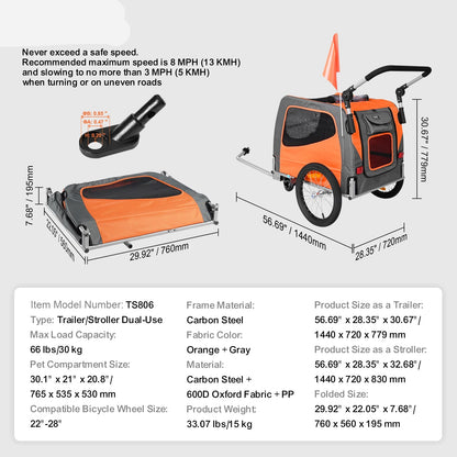 Bike Trailer - Bike Trailers - Dog Bike Trailer - Bike Trailer Luggage - Foldable Dog Bike Trailer - Foldable Dog Bike Trailer - 66lbs - 2-in-1 Pet Stroller - with Wheels Universal Coupling for Dogs Cats