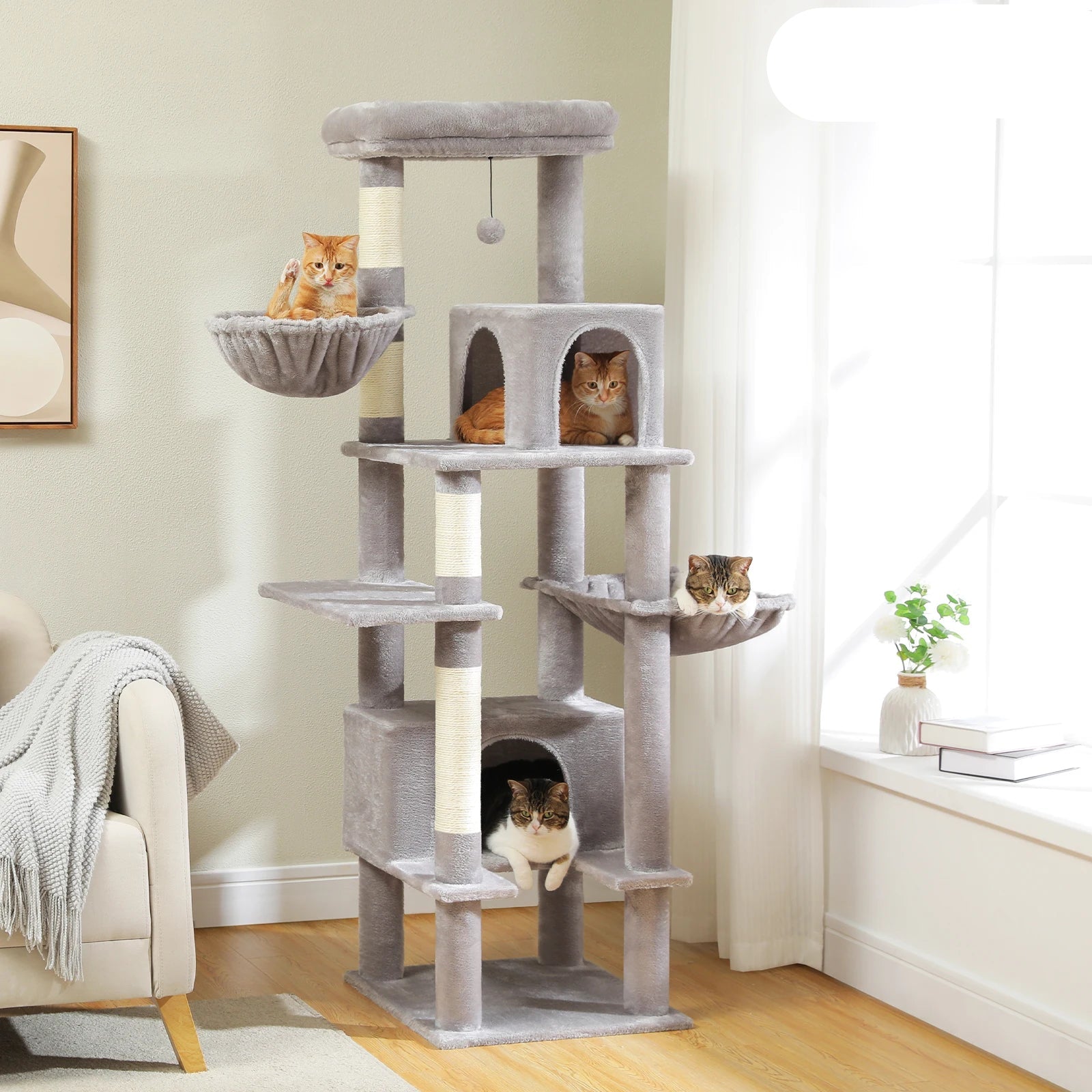 Krabpaal - voor Grote Katten – Kattenboom - met Sisal Krabpalen - 2 Grote Kattenhuizen - en Metalen Hangmat – Meerdere Verdiepingen - Arbre a Chat - XL - 168 cm Hoog – Geschikt voor Binnen – Stevig en Stabiel - Grijs - QUORE