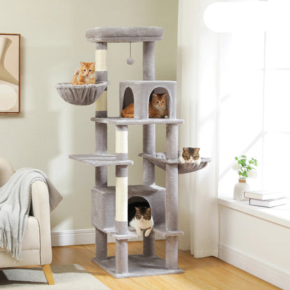 Krabpaal - voor Grote Katten – Kattenboom - met Sisal Krabpalen - 2 Grote Kattenhuizen - en Metalen Hangmat – Meerdere Verdiepingen - Arbre a Chat - XL - 168 cm Hoog – Geschikt voor Binnen – Stevig en Stabiel - Grijs - QUORE