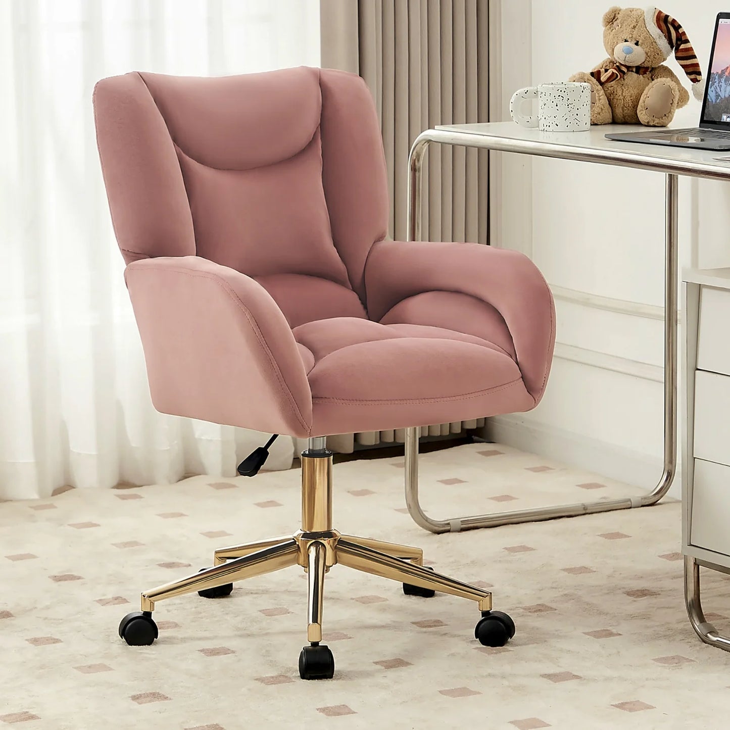 Bureaustoel – Velvet Stoel – Thuiswerkstoel – Kantoorstoel – Roze Bekleding – Gouden Metalen Poten – Ergonomische Rugleuning