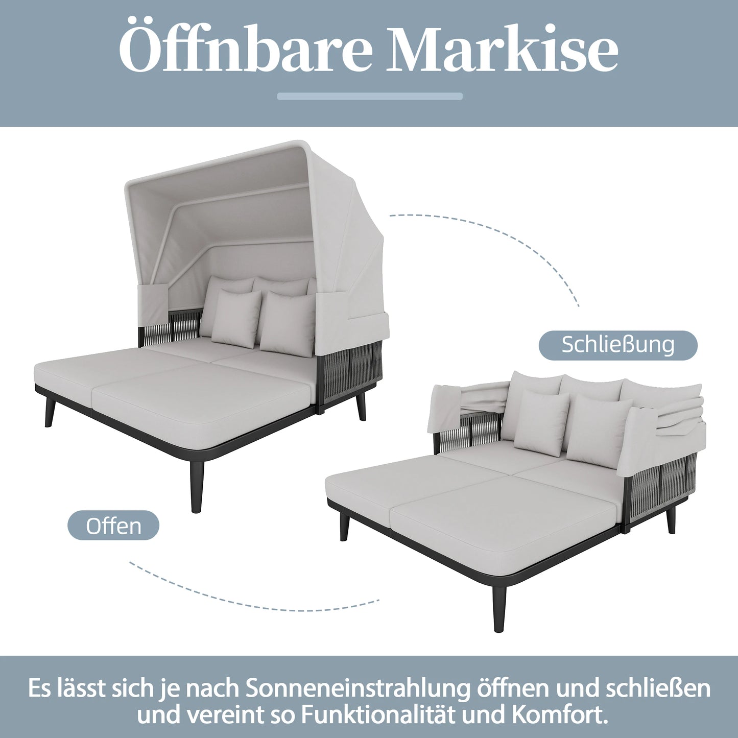 2-Persoons Lounge Chair – Tweezits Loungestoel – Buitenstoel – Tuinstoel – Verstelbaar Zonnescherm – Weerbestendig Handgeweven Materiaal – Dikke Zachte Kussens