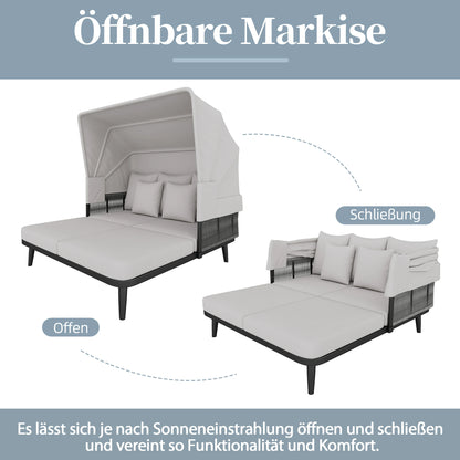 2-Persoons Lounge Chair – Tweezits Loungestoel – Buitenstoel – Tuinstoel – Verstelbaar Zonnescherm – Weerbestendig Handgeweven Materiaal – Dikke Zachte Kussens