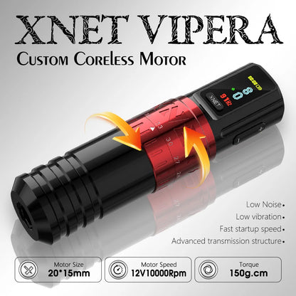 Vipera - Tattoo Machine - Tattoo pen - Tattoo Set - Complete set voor beginners & gevorderden - Verstelbare slag 2.4-4.2mm - 10500Rpm - 2400mah - Tattoo Machine Pen - Rood - QUORE