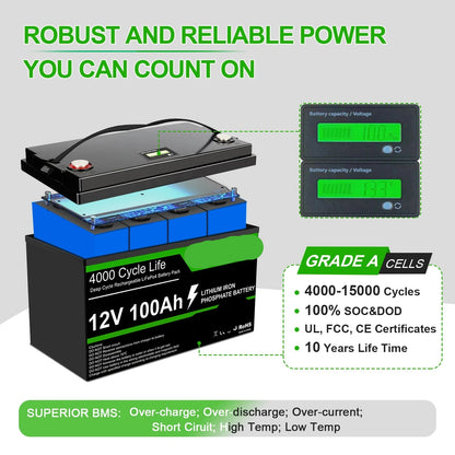 LiFePO4 Accu – Lithium Accu – 12V Accu – Deep Cycle Accu – 100Ah Capaciteit – 1280Wh Energie – IP65 Spatwaterdicht