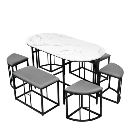 Eettafelset – Eettafel Met Krukjes – Eettafel Incl. Kruk – Moderne Eettafel – Marmerlook Tafelblad – Stevig MDF Frame - Grijs