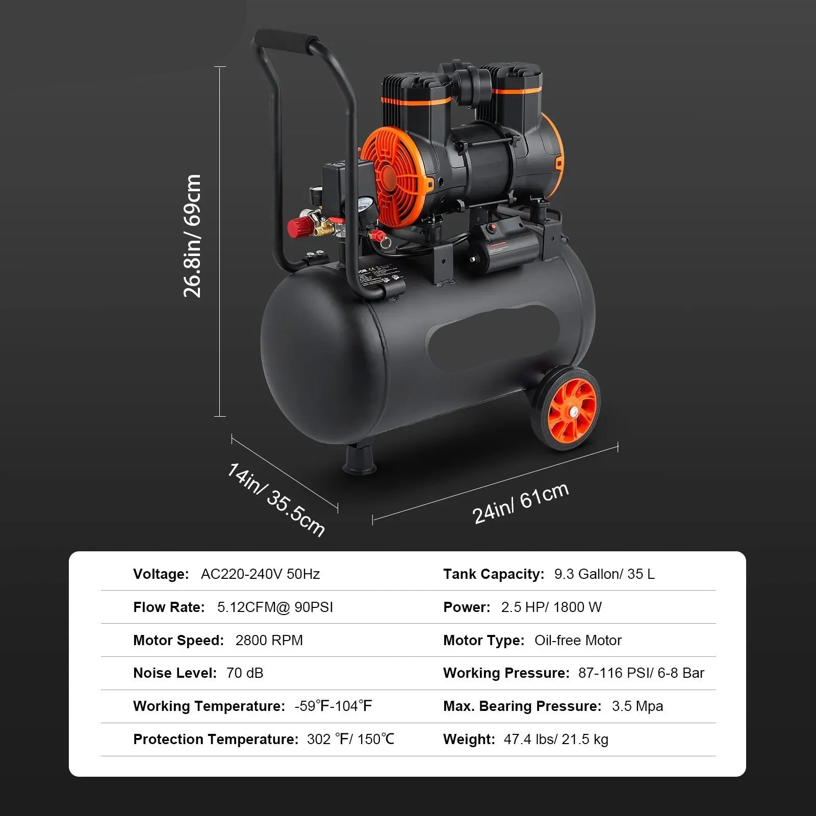 Stille Olievrije Luchtcompressor - Luchtcompressor - Luchtcompressor Bandenpomp - 70dB Geluidsarm - 9,3 Gallon - Draagbare - voor Banden - Spuitwerk - Gereedschap - QUORE
