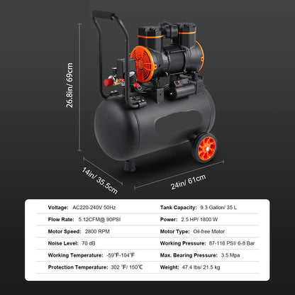 Stille Olievrije Luchtcompressor - Luchtcompressor - Luchtcompressor Bandenpomp - 70dB Geluidsarm - 9,3 Gallon - Draagbare - voor Banden - Spuitwerk - Gereedschap - QUORE