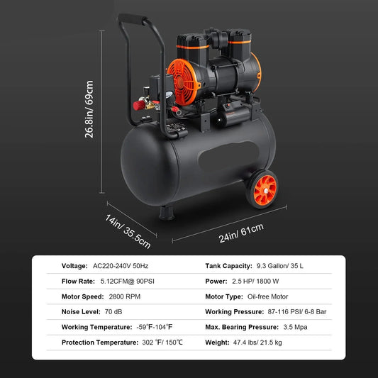 Stille Olievrije Luchtcompressor - Luchtcompressor - Luchtcompressor Bandenpomp - 70dB Geluidsarm - 9,3 Gallon - Draagbare - voor Banden - Spuitwerk - Gereedschap - QUORE