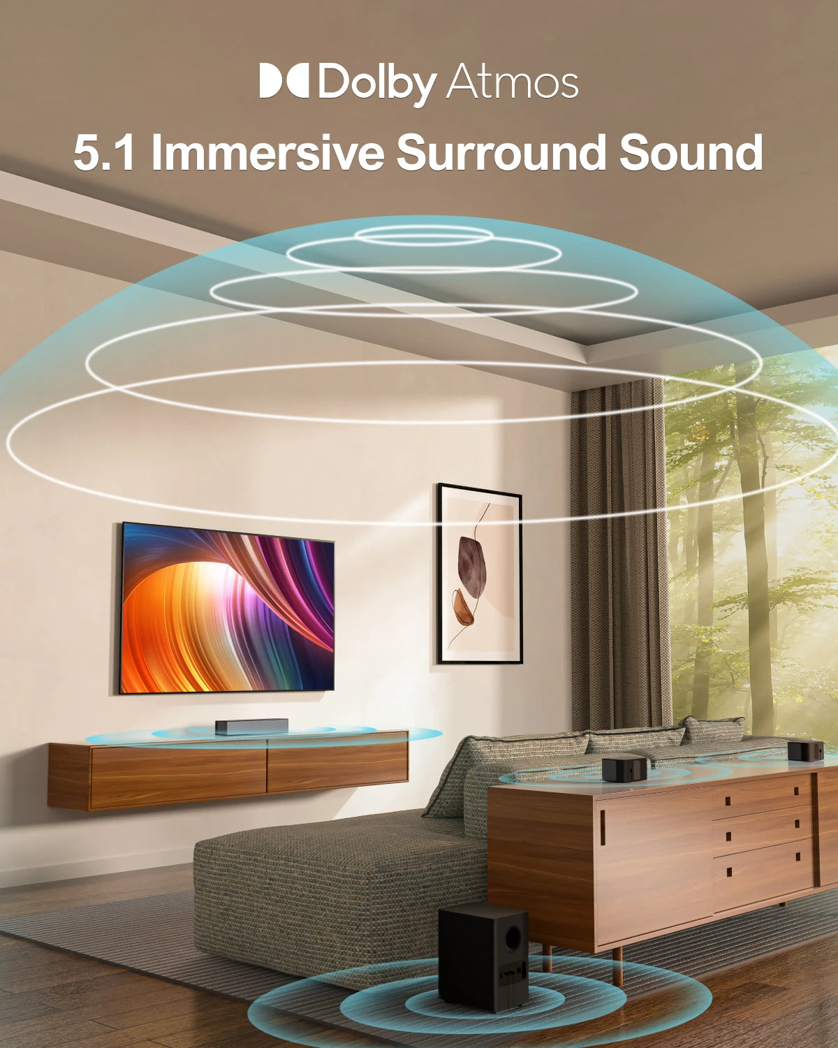 Soundbar - 5.1ch - Soundbar voor TV - Surround Sound-Systeem - met Dradlooze Subwoofer - Dolby Atmos - Bassboost - Smart TV - 87dB - HDMI - eARC - Optical - AUX - USB - Bluetooth 5.3 - Zwart