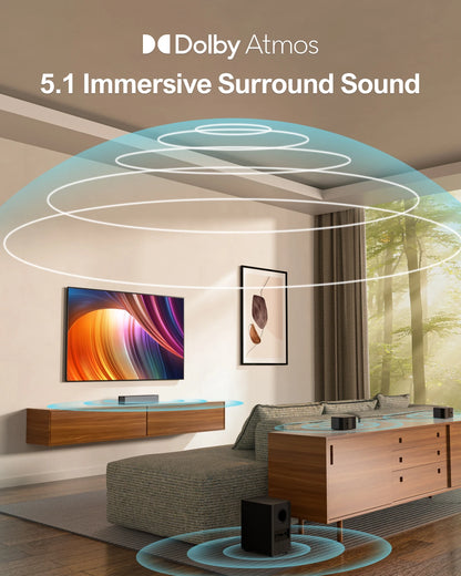 Soundbar - 5.1ch - Soundbar voor TV - Surround Sound-Systeem - met Dradlooze Subwoofer - Dolby Atmos - Bassboost - Smart TV - 87dB - HDMI - eARC - Optical - AUX - USB - Bluetooth 5.3 - Zwart