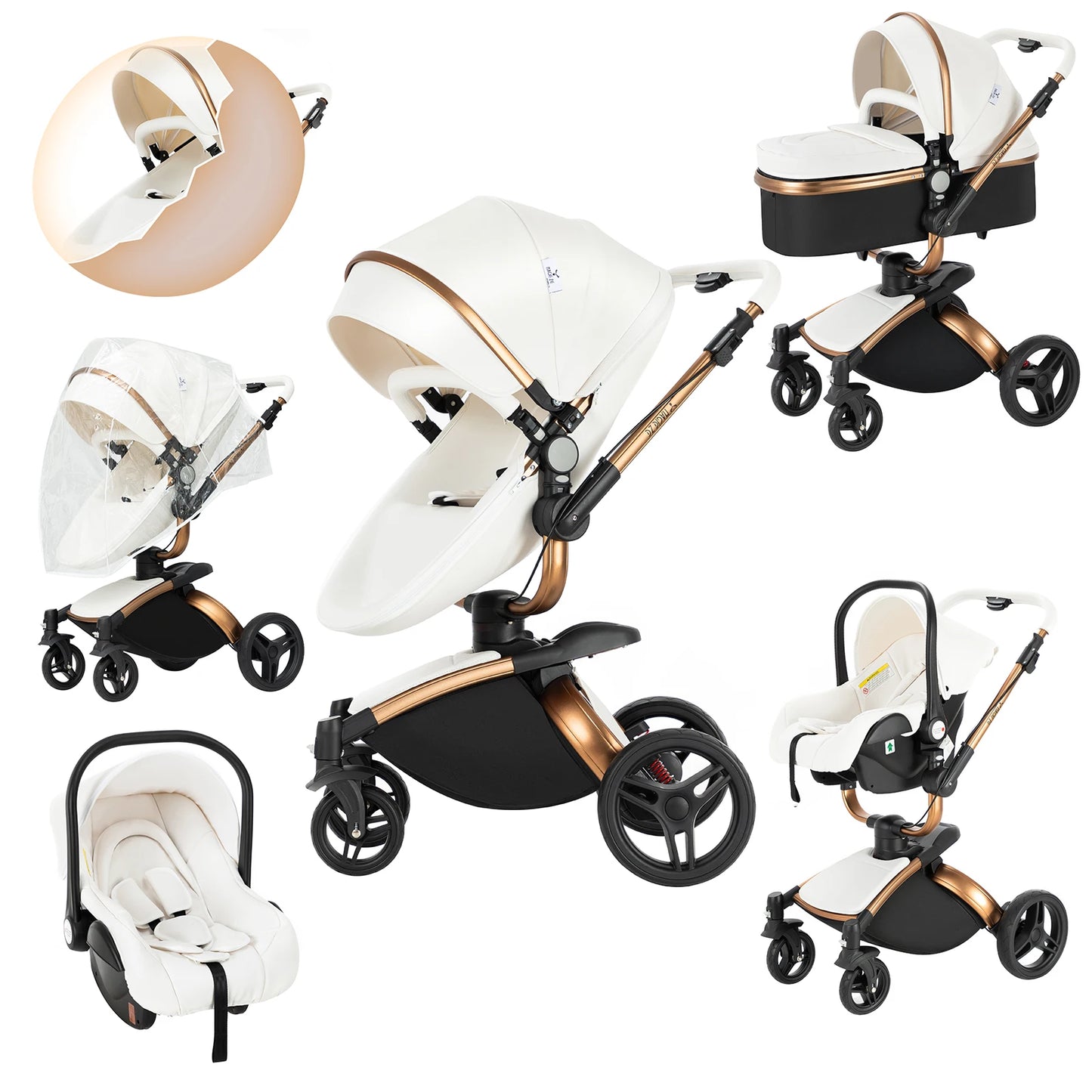 360° Baby Stroller 3 IN 1 Car Seat Stroller Combo Travel System Strollers High Landscape Leather Large Storage Stroller Infant