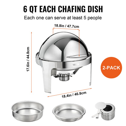 Chafing Dish - Buffetwarmer - Ronde Chafing Dish Elektrisch - Warmhoudplaat  - Warmhoudbakken  - 6QT  - Set van 2 - RVS Buffet Warmhoudbakken voor Catering - QUORE