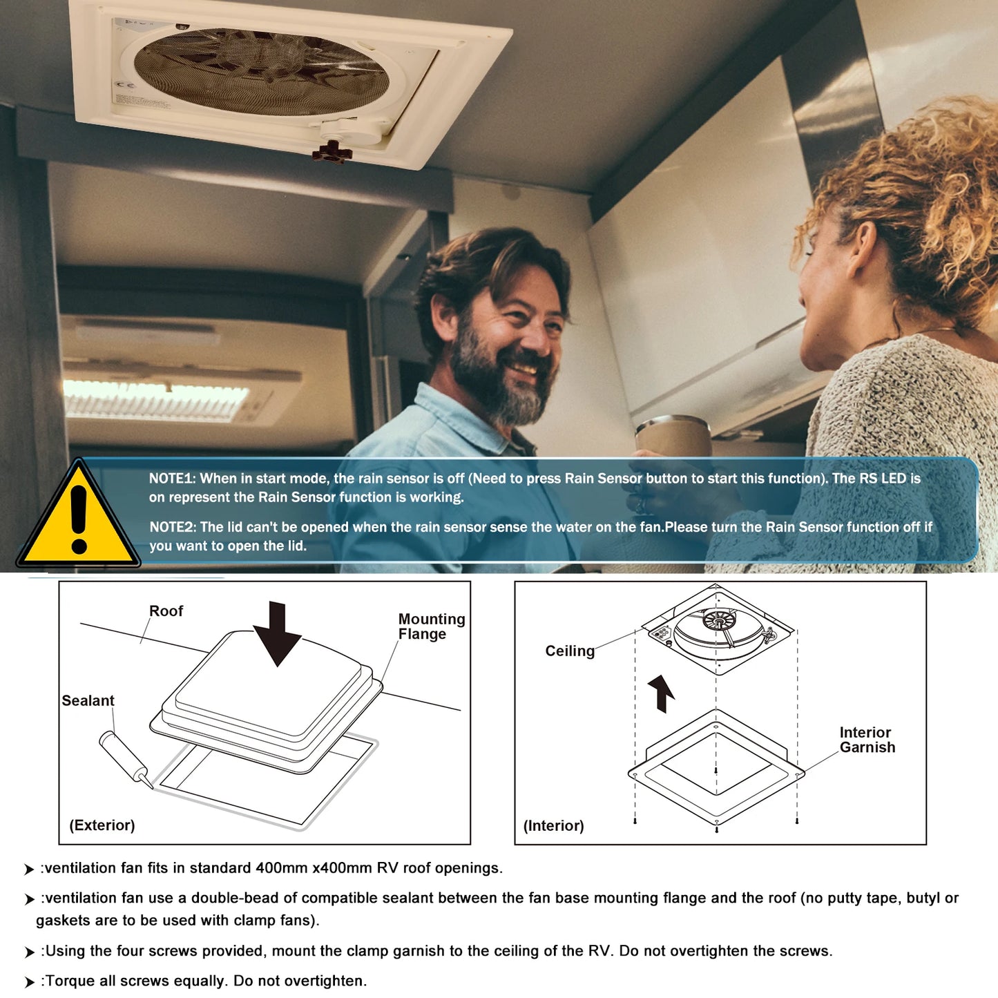 Ventilator Camper – Dakventilator – Caravan Ventilator – RV Ventilator – Motorhome Ventilator – 3 Snelheden Met Afstandsbediening – Automatische Regensensor – 12V Elektrisch – 40x40 cm Dakopening
