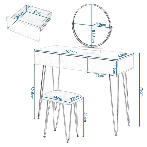 Kaptafel - Make-Up Tafel - Kaptafel met Spiegel en Stoel - 360° Draaibare Spiegel - Fluwelen Kruk - Voor Slaapkamer - 100x40x79cm - Wit