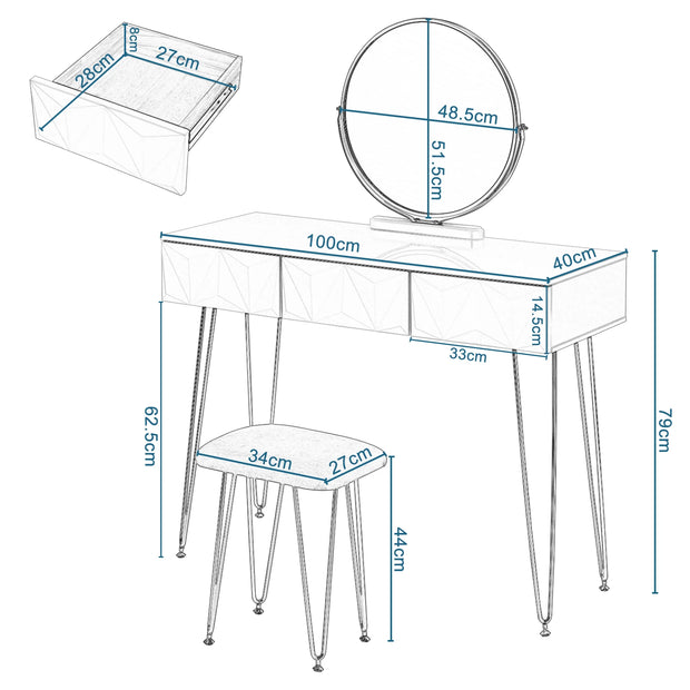Kaptafel - Make-Up Tafel - Kaptafel met Spiegel en Stoel - 360° Draaibare Spiegel - Fluwelen Kruk - Voor Slaapkamer - 100x40x79cm - Wit