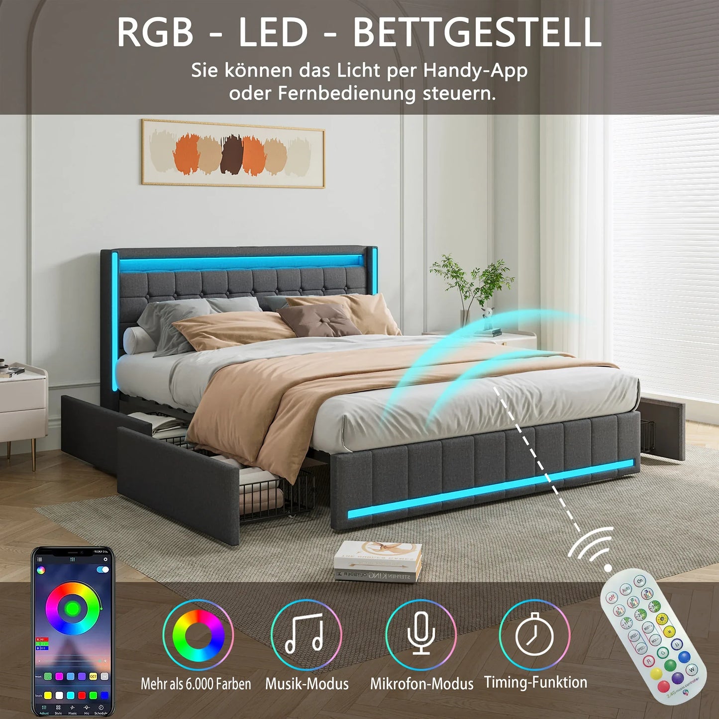 Bedkast – Bed Met Opbergruimte – Bed Met Lade – Bed Met USB – Bed Met Stopcontact – Led-Verlichting – Robuuste Houten Constructie - 160 x 200 cm - Donkergrijs