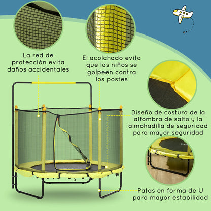 Kindertrek Trampoline Ø 140x120-140 cm met Veiligheidsnet - Schokdempers - Verstelbare Handgreep - Geschikt voor Binnen en Buiten - Geel