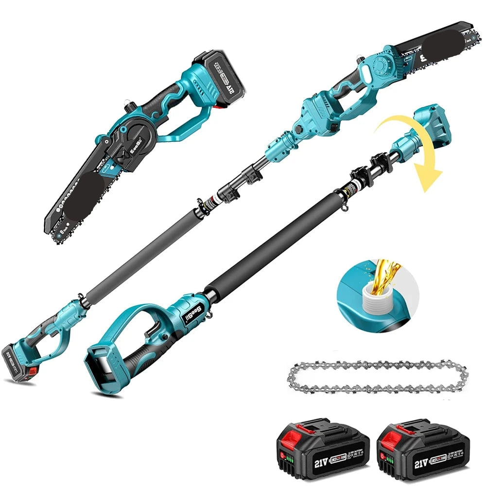 Mini Accu Kettingzaag – 2-in-1 Zaag – Snoeizaag – Telescopische Zaag – Verstelbare Steel – 20 Cm Ketting – Dubbele Lithiumbatterij
