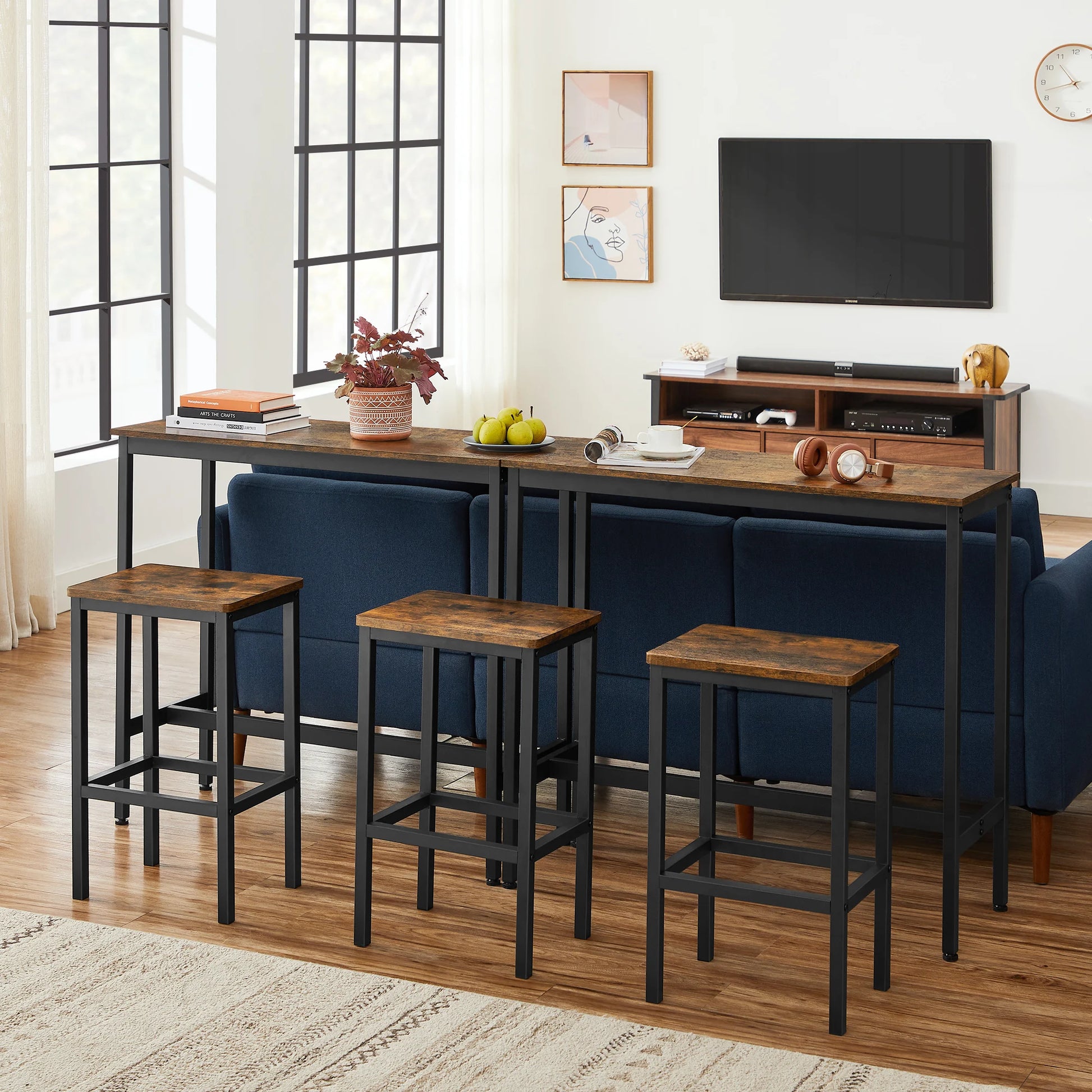 Bartafelset - Hoge Tafel - Metalen Frame -Industrieel Ontwerp - Voor Eetkamer - Woonkamer - Vintage Bruin - (100 x 40 x 90 cm) met 2 Barkrukken (elk 30 x 40 x 65 cm) - Zwart - QUORE