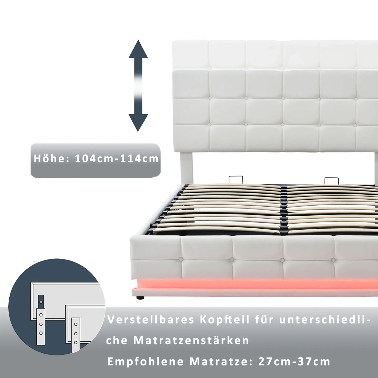 Led Bed – Tweepersoonsbed – Opbergbed – Gestoffeerd Bed – Sfeerverlichting – Hydraulisch Hefmechanisme – Hoog Draagvermogen - 140 x 200 cm
