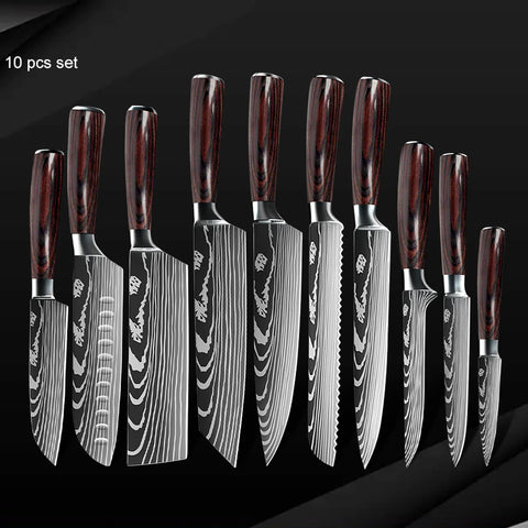 Keukenmessen - Knife set - Chef Knife - Knives - Kitchen Knife - Roestvrij staal met hoog koolstofgehalte - Damascus-tekening - Hakmesset - Santoku-koksmes - 10stuks