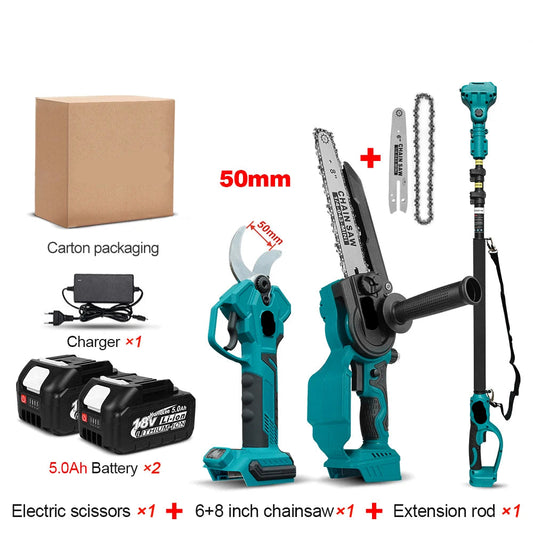 50mm Snoeischaar - Takkenschaar - Tuingereedschap - Snoeizaag - Borstelloos & Draadloos - Inclusief 6 + 8inch Kettingzaag - Takkenzaag - Handzaag - Efficiënte Elektrische Pruner voor Bomen & Bonsai – met 2x5.0Ah Batterij - QUORE