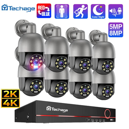 Tecahge 8CH 8MP 5MP CCTV Security POE Camera System PTZ H.265 4K Outdoor AI Human Detection Two-way Audio NVR Record Surveillanc