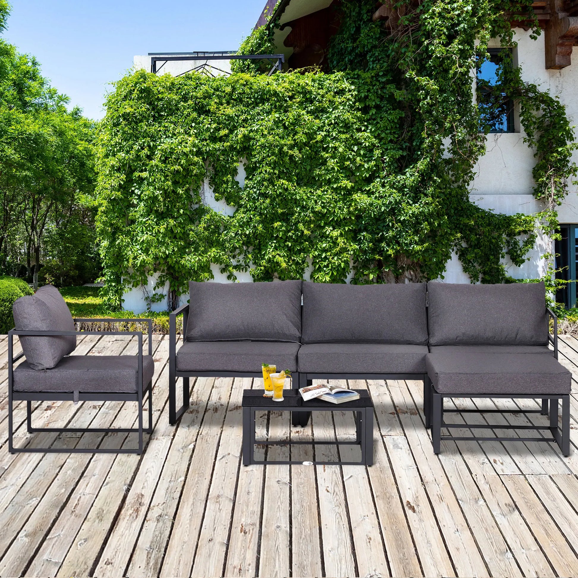 Loungeset Buiten – Tuinmeubelen – Balkonset – Zithoek – Aluminium Frame – Waterbestendige Kussens – Geharde Glazen Tafel - QUORE