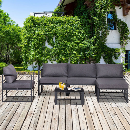 Loungeset Buiten – Tuinmeubelen – Balkonset – Zithoek – Aluminium Frame – Waterbestendige Kussens – Geharde Glazen Tafel - QUORE