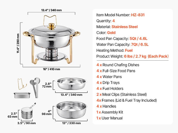Chafing Dish - Warmhoudplaat - Buffetwarmer Set - Rechaud - RVS - Volformaat Buffet Warmhoudpannen - voor Feesten & Banketten - Set van 4 - Goud - QUORE