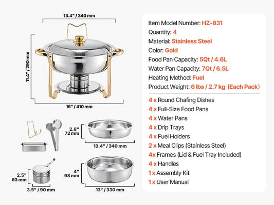 Chafing Dish - Warmhoudplaat - Buffetwarmer Set - Rechaud - RVS - Volformaat Buffet Warmhoudpannen - voor Feesten & Banketten - Set van 4 - Goud - QUORE