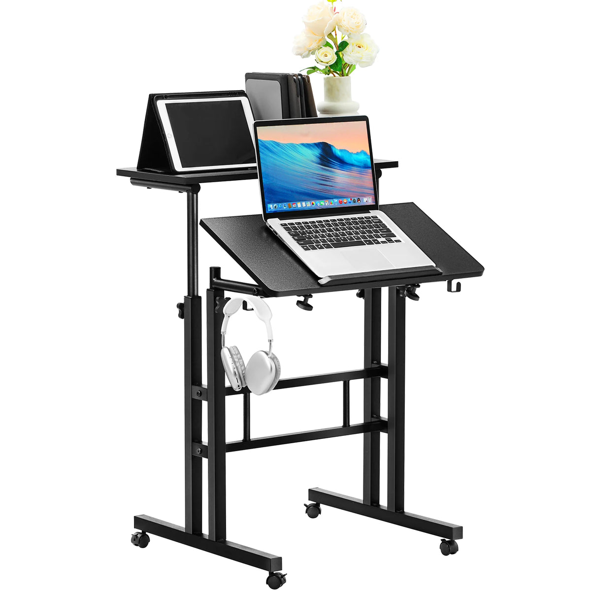 Groot Laptop Computer Bureau - 26,4-44,9 inch - Kantelbaar - Staand Bureau - 360° Zwenkwielen - Gasveer - Hoogte Verstelbaar - Zwart