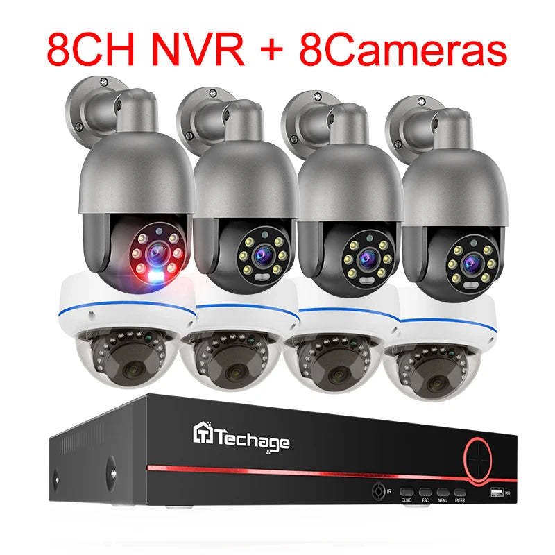 Techage 8CH 5MP POE Camera System H.265 8CH PTZ Dome Camera Human Detection CCTV Video Home Security Surveillance Set PT825G-50P