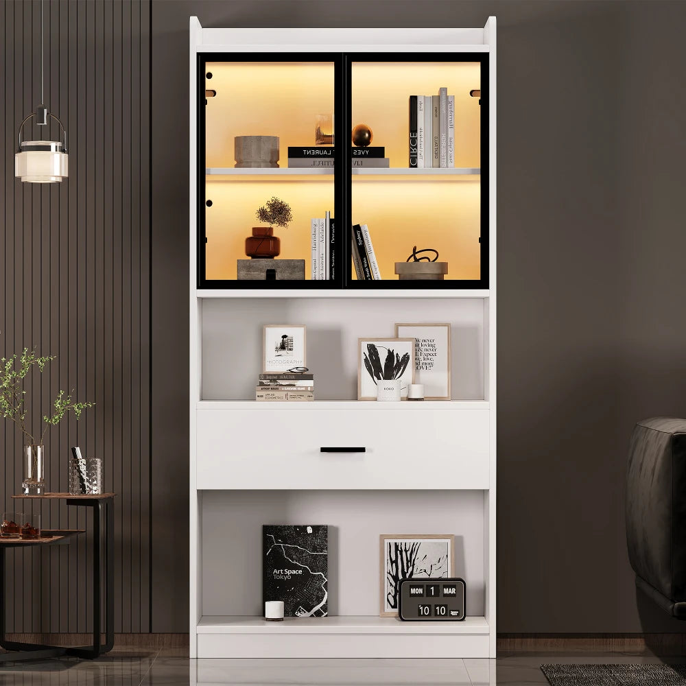 Vitrinekast – Vitrinekast Met Led – Glazen Kast – Boekenkast – Displaykast – Verstelbare Legplanken – Moderne Wit Met Afstandsbediening