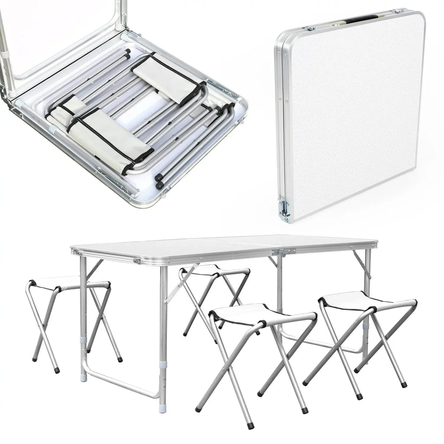 Klaptafel - Campingtafel - Kampeertafel - Picknicktafel - Wit - 120cm Opvouwbaar - 4 Kruk - Buitenmeubilair - Metaal.