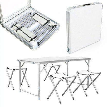Klaptafel - Campingtafel - Kampeertafel - Picknicktafel - Wit - 120cm Opvouwbaar - 4 Kruk - Buitenmeubilair - Metaal.