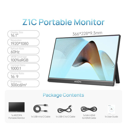 Portable Monitor – Draagbaar Beeldscherm – Laptop Scherm Uitbreider – Extra Scherm – USB-C Monitor – 16,1 Inch – Full HD – 100% sRGB Kleurruimte