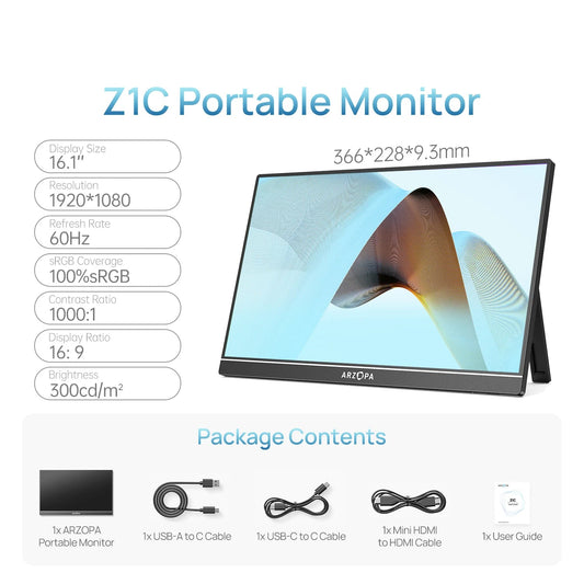Portable Monitor – Draagbaar Beeldscherm – Laptop Scherm Uitbreider – Extra Scherm – USB-C Monitor – 16,1 Inch – Full HD – 100% sRGB Kleurruimte