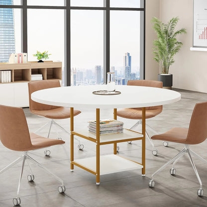 Ronde Vergadertafel – Meetingtafel – Overlegruimte – Werktafel – Conferentietafel – 120 Cm Diameter – Wit Tafelblad – Met Opbergruimte - 120 x 120 x 75 cm - Wit-Goud