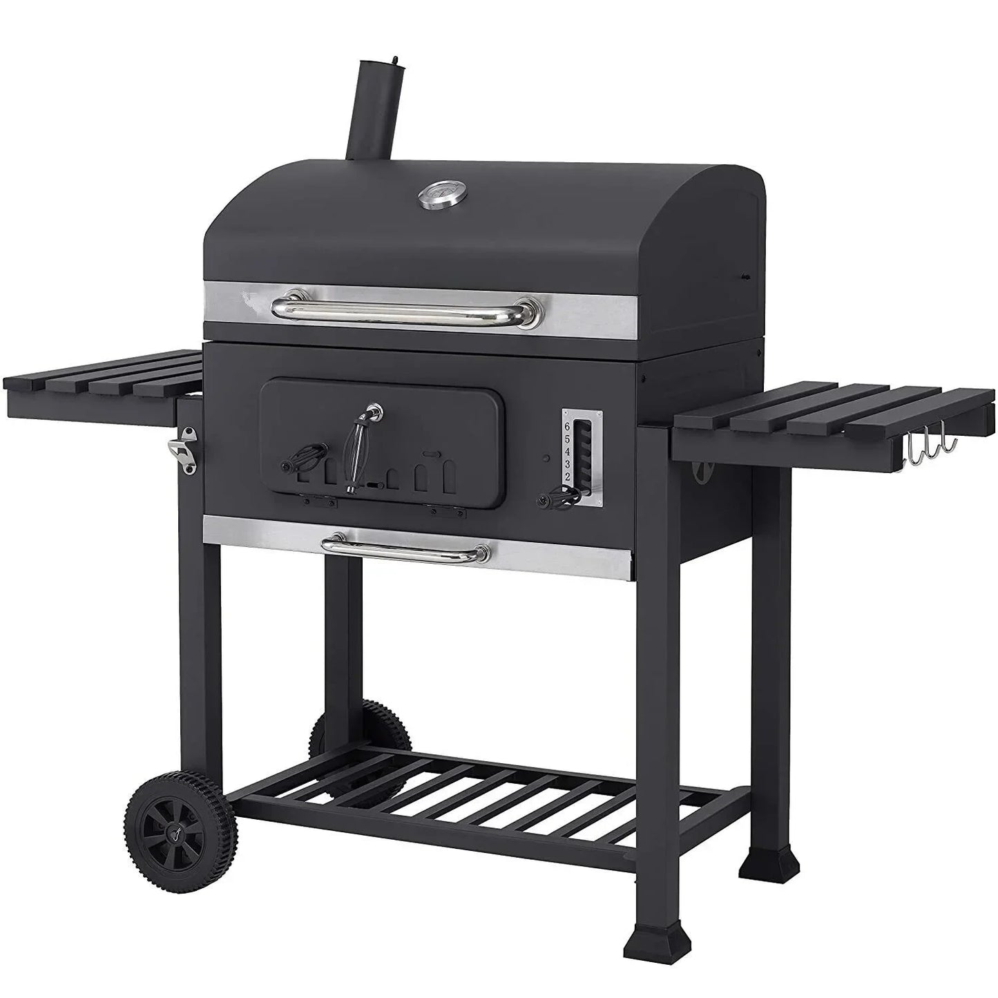 Houtskoolgrill - BBQ-rokergrill -  met Grillroosters - Thermometer - Planken - Haken - Verstelbare Houtskoollade - Wielen - Groot Grilloppervlak - voor Buiten - Tuin - Achtertuingrillen - 152 x 60 x 136 cm - Zwart