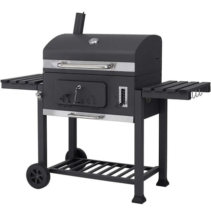 Houtskoolgrill - BBQ-rokergrill -  met Grillroosters - Thermometer - Planken - Haken - Verstelbare Houtskoollade - Wielen - Groot Grilloppervlak - voor Buiten - Tuin - Achtertuingrillen - 152 x 60 x 136 cm - Zwart