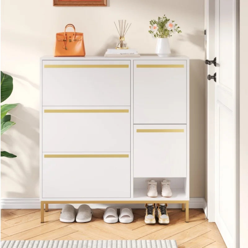 Schoenenkast – Schoenenopslag – Schoenenrek – Schoenenbank – Schoenenmeubel – 15 Tot 22 Paar – MDF Met Gouden Accenten - 105 × 115.5 × 25 cm - Wit - QUORE