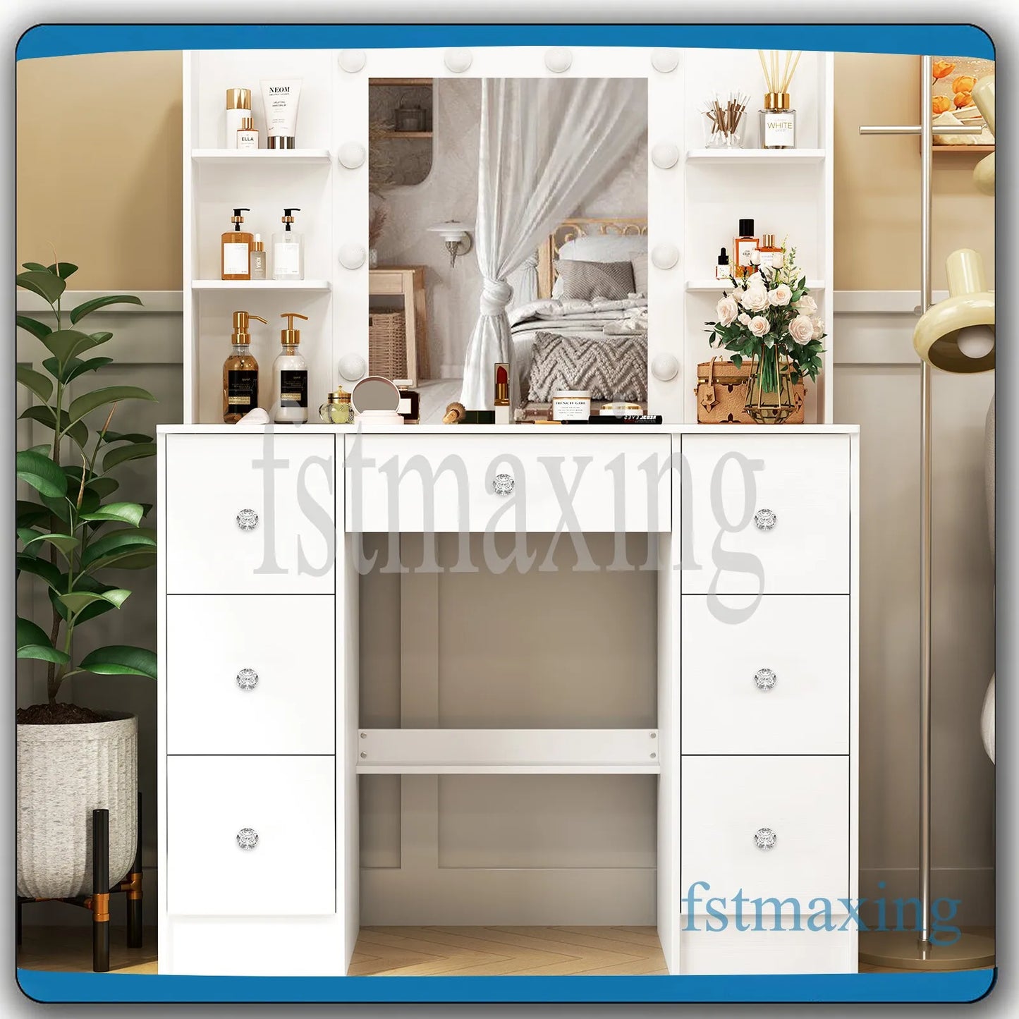 Makeuptafel – Kaptafel – Cosmeticatafel – Vanity Tafel – Schminktafel – Wit – 7 Laden & 6 Open Vakken – LED Spiegel met 3 Lichtkleuren