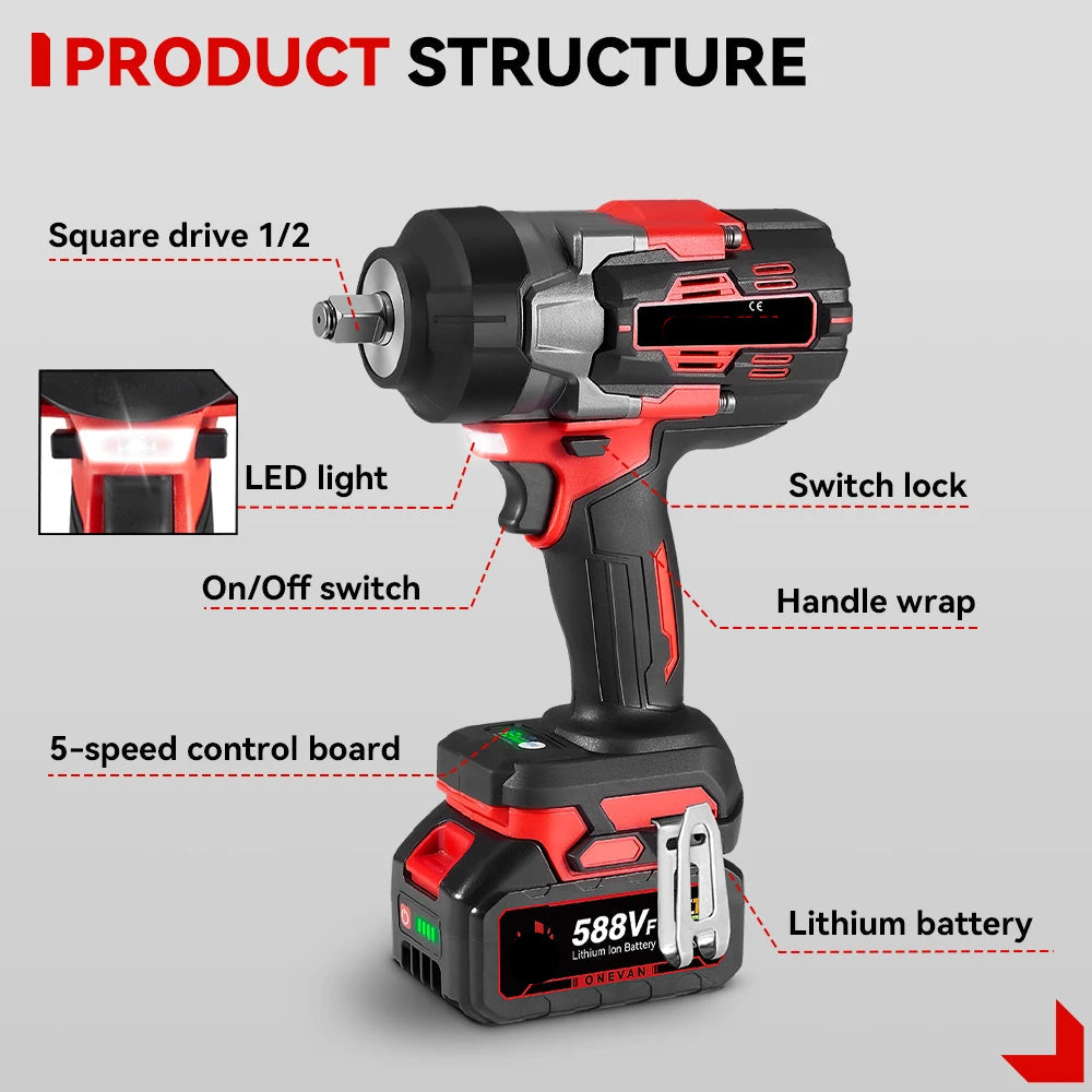Slagmoersleutel - met Accu - Torque - Elektrische - 2800W - Slagschroevendraaier - 8000RPM - Borstelloze - 1/2 Inch - 18V - 2800Nm - Zonder Batterij