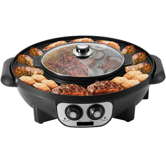 Elektrische BBQ Pan - 2 in 1 - 2200W - Gourmet - Hotpot Electrisch - Koreaanse BBQ - Korean Grill - Party Pan - Multifunction - Anti Aanbak - Rookloos - Antiaanbak - Afneembaar - Zwart