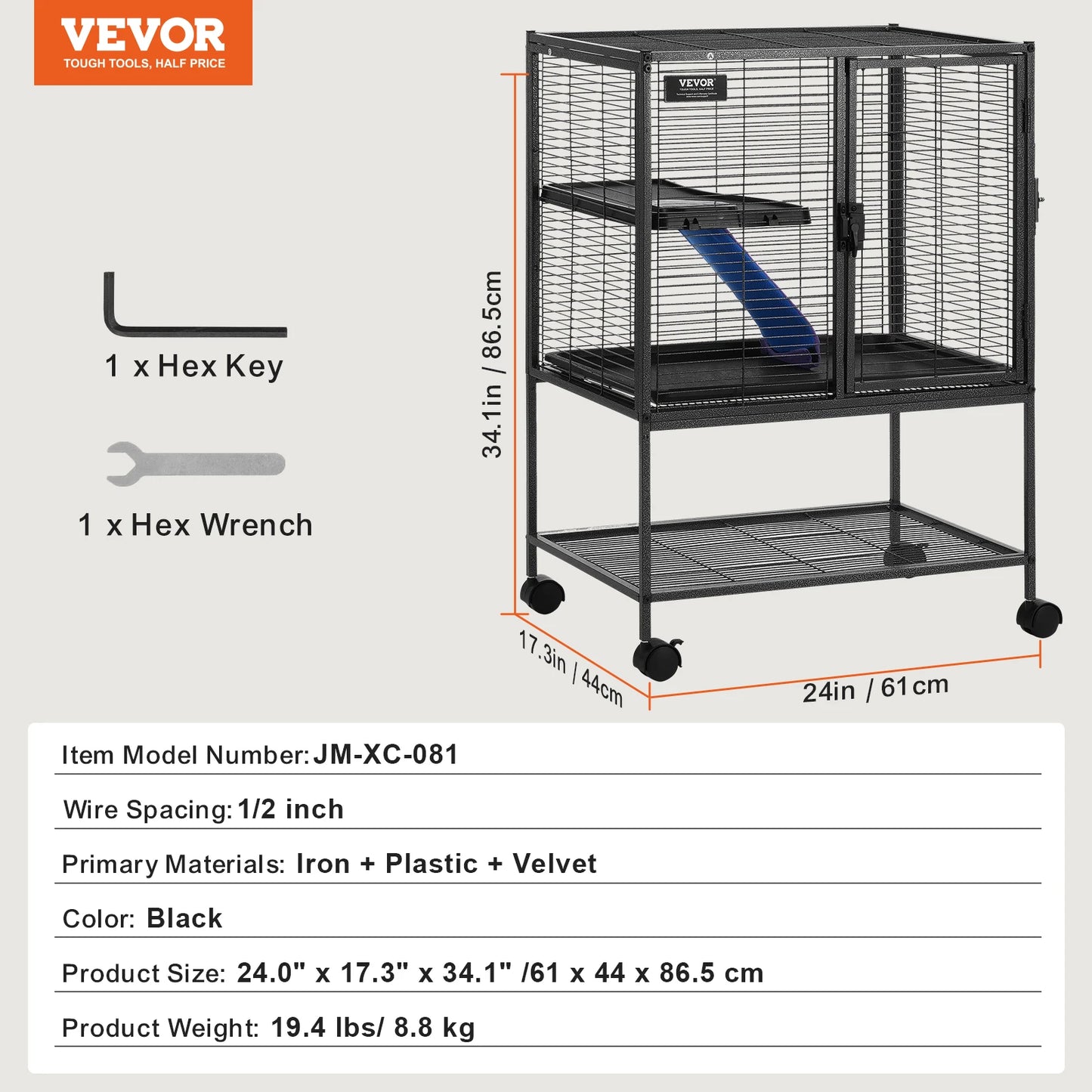 4-Laags Metalen Kooi Voor Fretten -  Geschikt Voor Ratten, Hamsters, Cavia's en Chinchilla's - 61 cm x 44 cm x 86.5 cm - QUORE